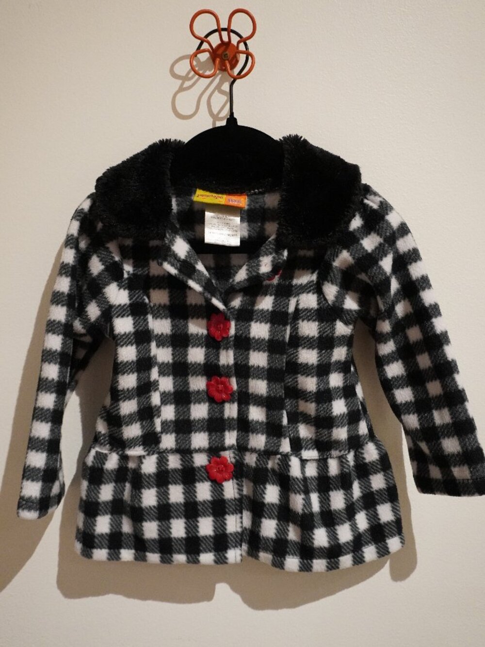 Penelope Mack LTD Pea Coat 24M Flower Buttons Black & White Fur Collar